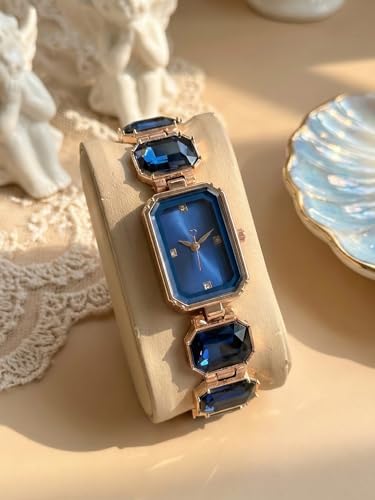 Image of AMERICANVIBER Luxury Women's Analog Watch with Diamond-Studded Rectangular Dial & Stone-Studded Bracelet Strap, Premium Rose Gold Designer Ladies Wrist Watch
