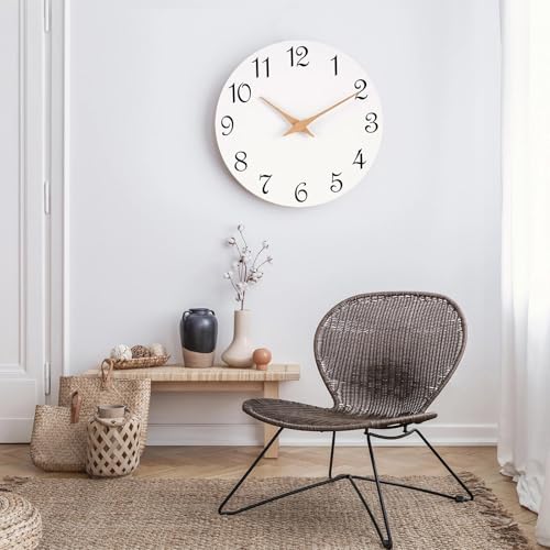 Image of Mosewa Wall Clock White Silent Non Ticking Battery Operated Simple Minimalist Wooden Clock Decorative for Home Bedroom Living Room(14 Inch)