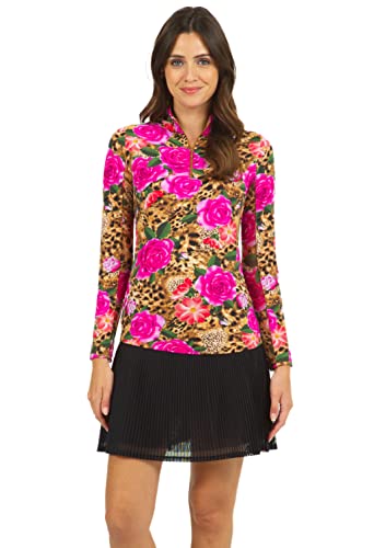Ibkul Athleisure Wear Sun Protective Upf 50+ Icefil Cooling Jovanna Print Long Sleeve Mock Neck Top - 10183 Watermelon/Black Jovanna Xl #TOP1
