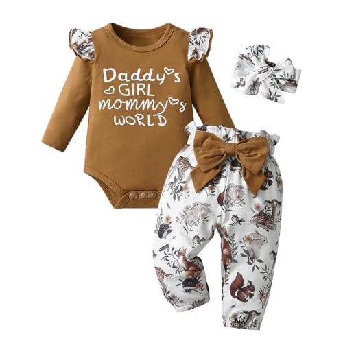 Image of Elspilit Infant Baby Girl Clothes Long Sleeve Ruffle Romper Pants Headband Outfits Sets