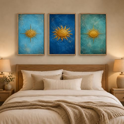 Image of Livin'luxe Set of 3 Golden Sun Abstract Wall Paintings for Living Room Bedroom Hallway Home Decor with Premium Wooden Color Synthetic Frame (25.5 x 19.5 Inch) NM03-71