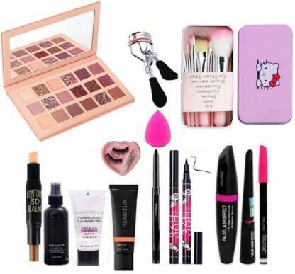 Glowhouse Brush set with Nude Primer Fixer Foundation kajal Waterproof Sketch eyeliner and 3in 1 Combo Set Eyelashes Curler and eyelashes with Glue and Beauty Blender (Pack of 12)
