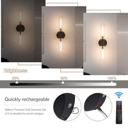 Image of Battery Operated Wall Sconces, Wall Sconce Set of 2, 3000K-6500K Black Rechargeable Wall Lamp with Remote, Indoor Non-Hardwired Wall Lamps, Modern Vanity Light for Bedroom, Living Room, Aisle