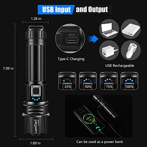 Lumitact Torches LED Super Bright, Rechargeable LED Torch 10000 Lumens XHP70.2, Tactical Flashlight with Holster, IP67 Waterproof, 5 Light Modes, for Camping Hiking Emergency (with 26650 Battery)