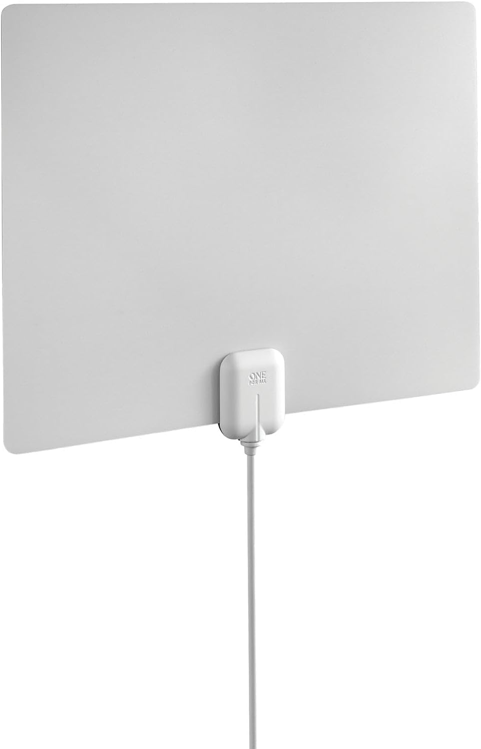 One for All Antena HDTV 15584 1080p amplificada para interiores con rango de 60 millas e indicador de nivel de señal, cable coaxial de 8 pies, color blanco