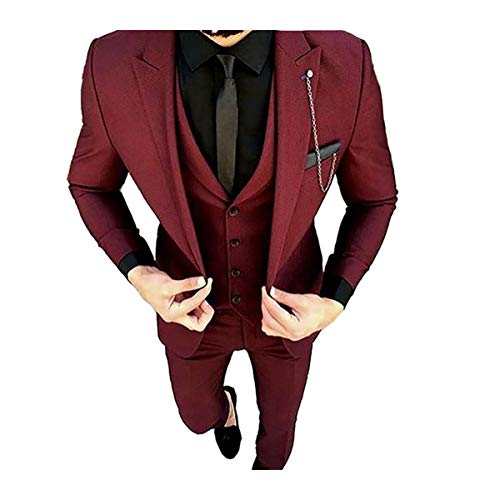 Mens Burgundy Tailored Wedding Peak Lapel Tuxedo Slim Fit Blazer Vest Tapered Pant 3-Pieces Suit