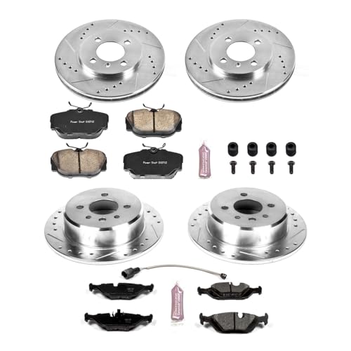 Image of PowerStop Front and Rear Brake Kit for BMW 318i 1991-92 |318is 1991-92 |325 1986-88 |325e 1984-87 - Drilled and Slotted Disc Rotors with Carbon-Fiber Ceramic Brake Pads Replacement, K4167
