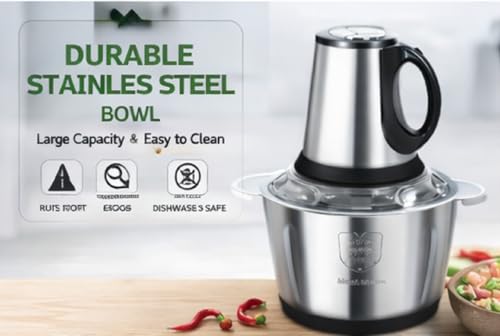 Image of TRADY Electric Food Chopper 3-Speed Stainless Steel Vegetable Chopper | 4D Blade Technology | Multipurpose Meat Grinder, Vegetable Cutter, Egg Beater | 2L Bowl | Powerful Motor Kitchen Processor