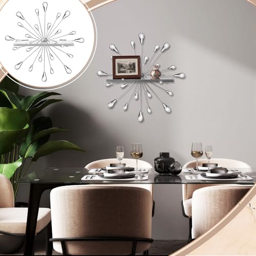 Image of Yaocom Set of 3 Crystal Floating Wall Shelves, Silver Teardrop Metal Wall Mount Storage Shelf, Decorative Floating Display Rack for Bedroom Living Room Kitchen Office Home Decor
