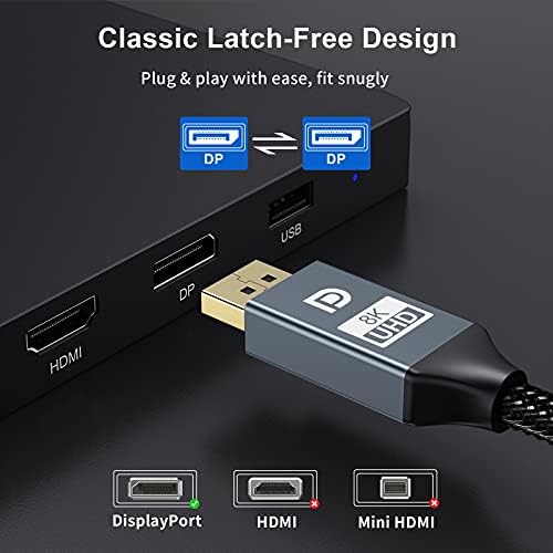 8K DisplayPort Cable 1.4 2m Veetop DP Cable 1.4 8K@60Hz 4K@144Hz 1080P@240Hz VESA Certified HBR3 32.4Gbps HDCP 2.2 HDR DSC 1.2 Nylon Braided DisplayPort to DisplayPort Cord for Gaming Monitor PC