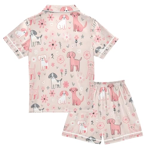 ALAZA Puppy Dog Flower Pajamas Satin Pajama Set Short Sleeve Button Down Sleepwear2