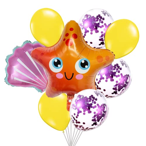 Image of Party Decorz Starfish Foil Balloon Set Of 8(1pcs Starfish Foil Balloon+1pcs Sea Shell Foil Balloon +3pcs Latex Balloon+3pcs Transparent Balloon) For Kids Ocean Animal, Mermaid Theme Party Decoration