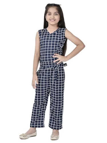 Image of FNOCKS Girls Check Printed Jumpsuit Tie-Knotted Jumpsuit V-Neck