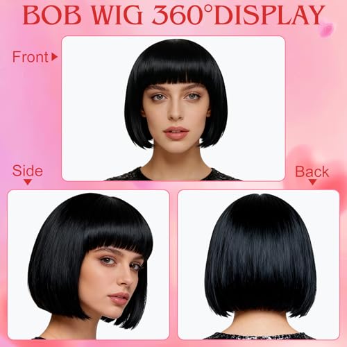 Image of MEEZY 2 Pcs Colorful Bob Wigs with Bangs Black Red for Women, Neon Fun Wig Short Bob Hair with Heart Sunglasses Hair Cap for Halloween Costume Cosplay Photography Birthday Bachelorette Party