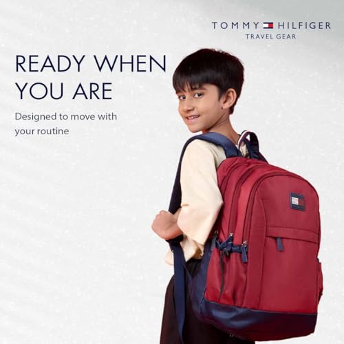 Image of Tommy Hilfiger Professional School Backpack Stud - Burgundy+Navy | Durable Water-Resistant Bag for Teens with Signature Metal Logo | 3 Compartments | Integrated Rain Cover | 30L Capacity