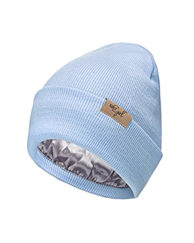 Curly Girl Satin Lined Knit Beanie for Curls - Light Blue