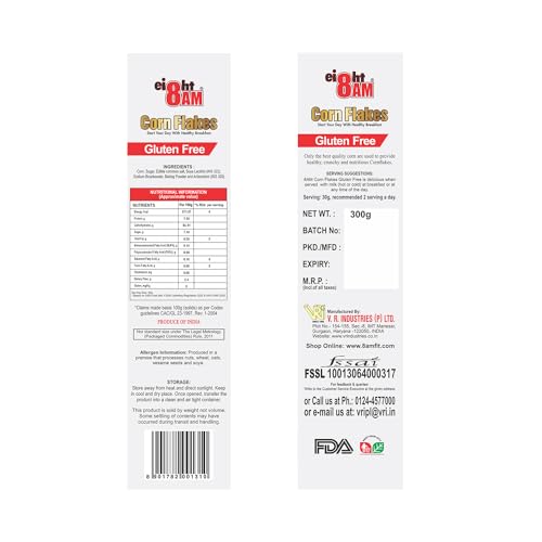 Image of 8 AM Corn Flakes Gluten Free 300 Gram (Pack Of 2), 99% Fat Free & Cholesterol Free, Trans Fat, Artificial Additives, Crunchy & Delicious, Nutritious Whole Grain Breakfast Cereal