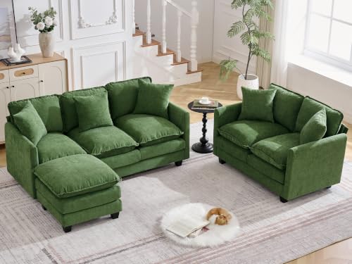 Image of Cloud 3 Pieces Sofa Set, 2+3 Seater Couch+1 Ottoman, Modern Sofas Sets with Deep Seat, Modular Sectional Couches Sets for Living Room, Bedroom, Small Apartment, Dark Green