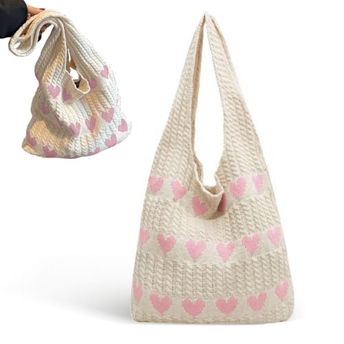 Gestrickte UmhäNgetasche, 38×35cm Gestrickte Tasche, HäKeltasche Tote Bag, HerzföRmige Strandtasche Schultertasche Gewebte Tasche Crochet Bag für Teenager Und MäDchen HerzföRmige Mode (Rosa Herz)