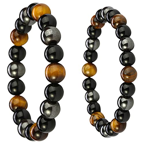 KRISFD Bracelet Triple Protection 2 Pièces Bracelet Obsidienne Noire Pierre Oeil De Tigre Hématite Noire 8 Mm, 10 Mm pour Hommes Et Femmes Cadeau