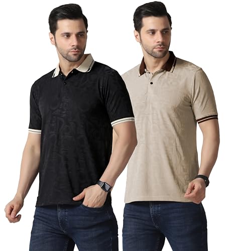 Image of TOPLOT Men's Premium Jacquard Polo T-Shirt | Geometric Textured Design | Contrast Collar & Cuffs | Soft Breathable | Perfect for Office & Casual Wear | Available in Pack of 2 (5281)