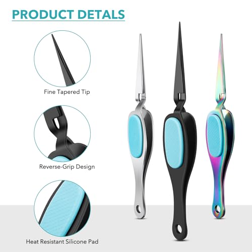 OTCRAFT 2Pcs Reverse Tweezers Craft Tweezers Crossing Lock Tweezers Reverse Grip Precision Curved Bent Straight Tweezers Fine Tip for DIY Craft Rhinestones and Small Embellishments - Image 2