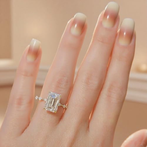 14K Gold Plated Cubic Zirconia Ring 925 Sterling Silver Emerald Cut CZ Wedding Promise Eternity Rings for Her Wedding Bands for Women Size 5-92