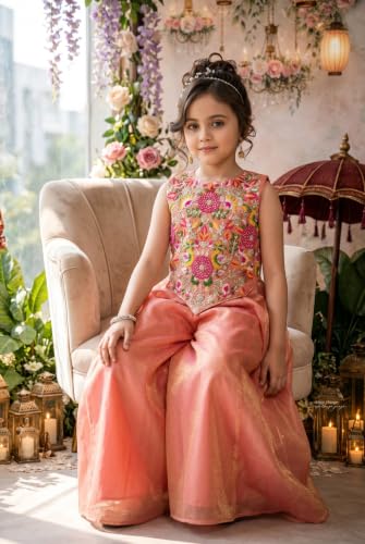 Image of Girls Art Silk Embroidered Kurta & Sharara Set | Festive & Wedding Traditional Outfit | Ethnic Wear for Kids | Stylish Sharara Suit Set