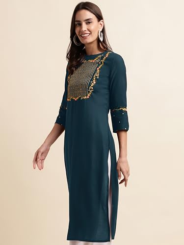 Image of MIRCHI FASHION Women's Straight Fit Rayon Sequins Embroidered and Polka Dots Printed Kurti Only