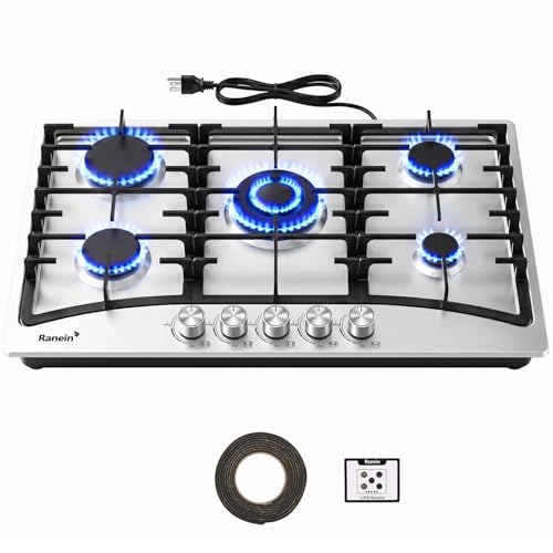 Ranein 30 Inch 5 Burner Gas Cooktop, NG/LPG Convertible Gas Stove Top, 304 Stainless Steel with Thermocouple Flameout Protection for Kitchens, Apartments, RVs