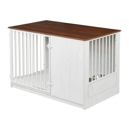 Relaxdays Hundekäfig, für Zuhause, HBT: 65,5x102x60 cm, Hundemöbel, 2 drehbare Näpfe, Hundebox, MDF & Stahl, weiß/braun
