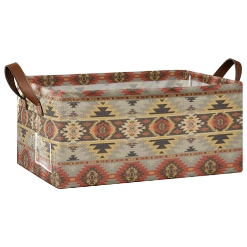 Fygkptb Seamless Native American Southwest Aztec Navajo Retro Geometric 1 PC Rectangle Foldable Frame Basket Leather Handles Storage Bin for Laundry Bathroom Organizer 16.9 x 11.4 x 7.7 inch