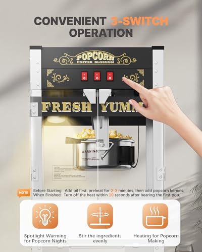 Image of 22 oz Commercial Popcorn Machine with Cart, Large Popcorn Machine Makes Up to 90 Cups, Movie Theater Pop Corn Machine with Easy-Rolling wheels & Stainless-Steel Kettle, Black