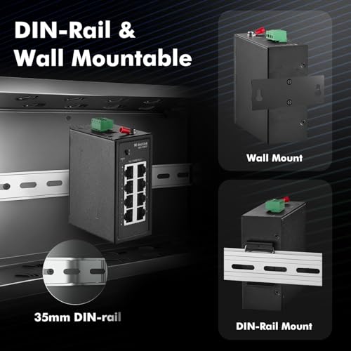 Image of MokerLink 8 Port Industrial Din Rail Switch, 8 x 10 /100Mbps Ethernet Ports, Extend 250M, Metal DIN-Rail & Wall Mount Included
