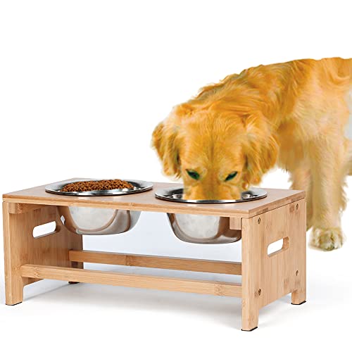 Bamboo Elevated Dog Bowls, Raised Dog Bowl Stand with 2 Stainless Steel Bowls, Pet Feeder for Food and Water, 7" Tall