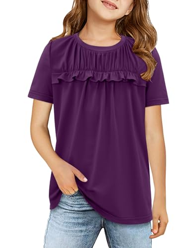 storeofbaby Girls Shirts Casual Short Sleeve Tops Round Neck Ruffle Flowy Tunic Blouses 5-14 Years2