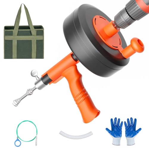 Drain Snake 10M with Drill Adapter Flexible Drain Snake Unblocker Drain Rods Use Manually or Powered for Kitchen Bathroom and Shower Sink Comes with Gloves (Orange)