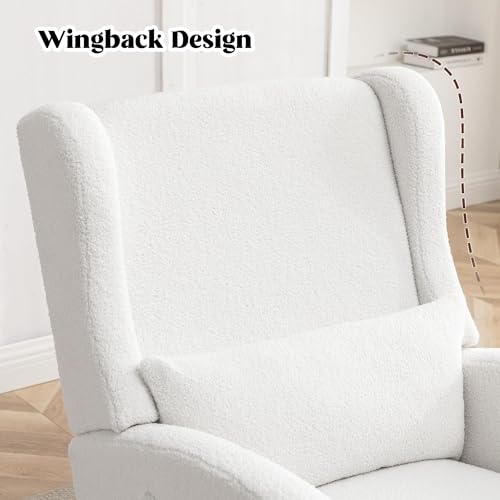 Image of HCHAIRH Rocking Chair Nursery with Foot Rest, Wingback Nursery Rocking Chairs Sherpa Nursing Chairs Glider Rocker with Pillow for Living Room, Bedroom, White