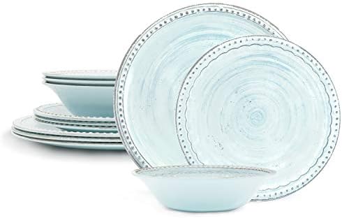 Zak Designs French Country House Melamine Dinnerware Set Includes Dinner, Salad Plates, and Individual Bowls, 12-Piece, Break-resistant Dishwasher Safe ( Sky Blue )