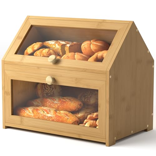 Gredak Corner Bread Box for Kitchen Countertop - Large Double Layer Bamboo Storage Solution, Durable Wood Finish for Organised Cooking Space