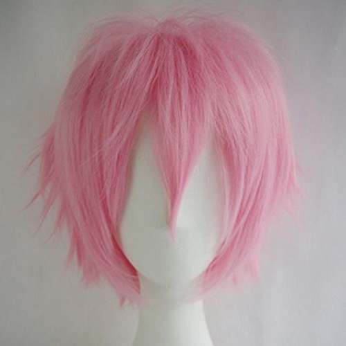 Women Mens Short Fluffy Straight Hair Wigs Anime Cosplay Party Dress Costume Full Wig (Pink)