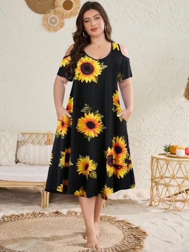 Image of LARACE Plus Size Women Dress for Summer, Midi Women's Sundress, Casual V-Neck Short Sleeve Flowy T-Shirt Dresses with Pockets