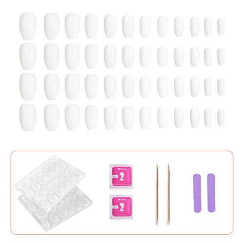 48pcs French Press on Nails Acrylic False Nails Kit Full Cover Fake Nails Medium Length Glossy Nails Pink White Tips Sets Nude color for Women and Girls