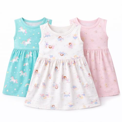 Image of EIO Girls Cotton Frock Dress Combo Pack | Multicolor Printed Knee Length Casual Dresses for Kids | Soft & Breathable Summer Wear Outfit