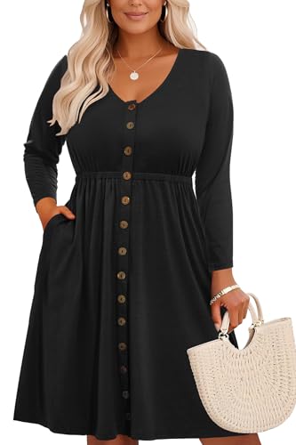 Image of Holipick Women's Plus Size Summer Dresses for Women Casual Dress with Pockets A-Line Swing Button Down Sleeveless V Neck