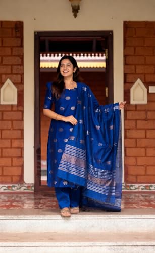 Image of Women's Cotton Silk Kurta Set with Dupatta | Embroidered Straight Kurti with Matching Pants | Traditional Ethnic Wear Suit for Festive, Casual & Office Wear