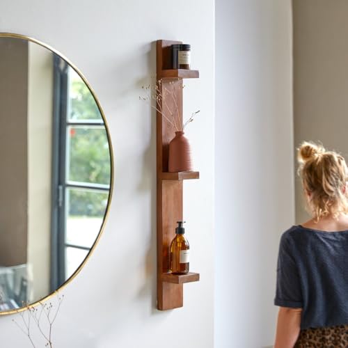 Image of 3 Years Warranty Sheesham Wood Wall Shelf for Living Room | Vertical Wall Mounted 3 Tier Storage Rack | Floating Display Shelf for Decor Plants Bathroom Essentials | Space Saving Organizer|Rosewood