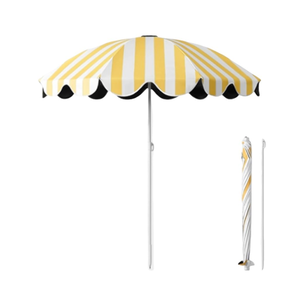 Ombrellone portatile regolabile a righe gialle, stile boho, con bordo smerlato, da 1,5 m, per esterni, spiaggia, patio, giardino, mercato, tavolo.