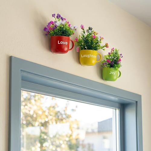Image of Dekorly Wall Hanging Mug Planters with Artificial Flowers (20CM) - Decorative Hanging Cups, Colorful Floral Wall Decor for Living Room Bedroom Balcony Office Gift Set (3, Love Laughter Joy)