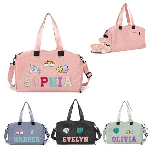 Personalized Kids Dance Ballet Bag, Large Capacity Dance Bag with Chenille Letter, Sport Duffle Bag with Shoe Compartment, 16